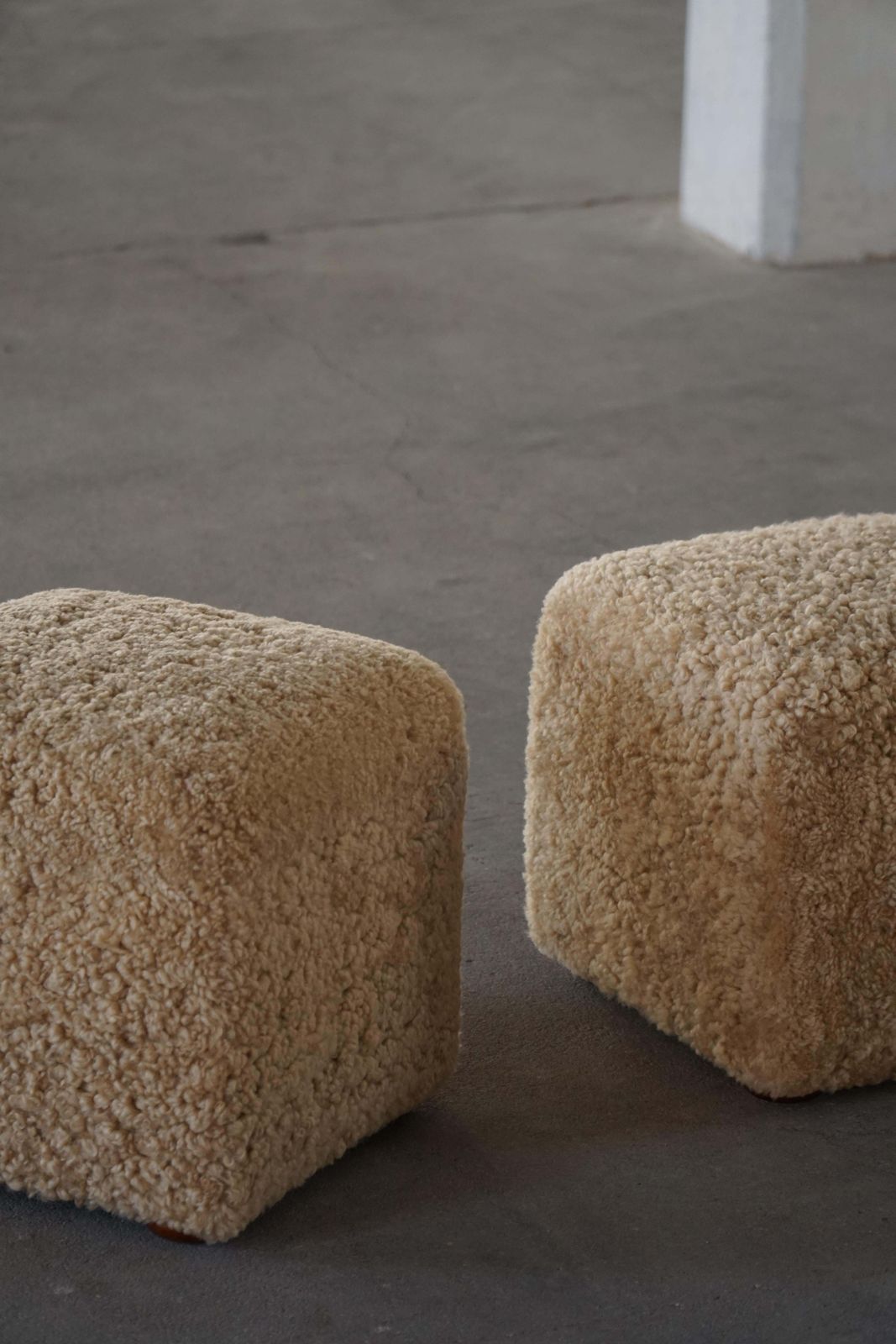 French Mid Century Modern, A Pair Of Cube Poufs / Stools In Lambswool, 1960s photo 1737.0