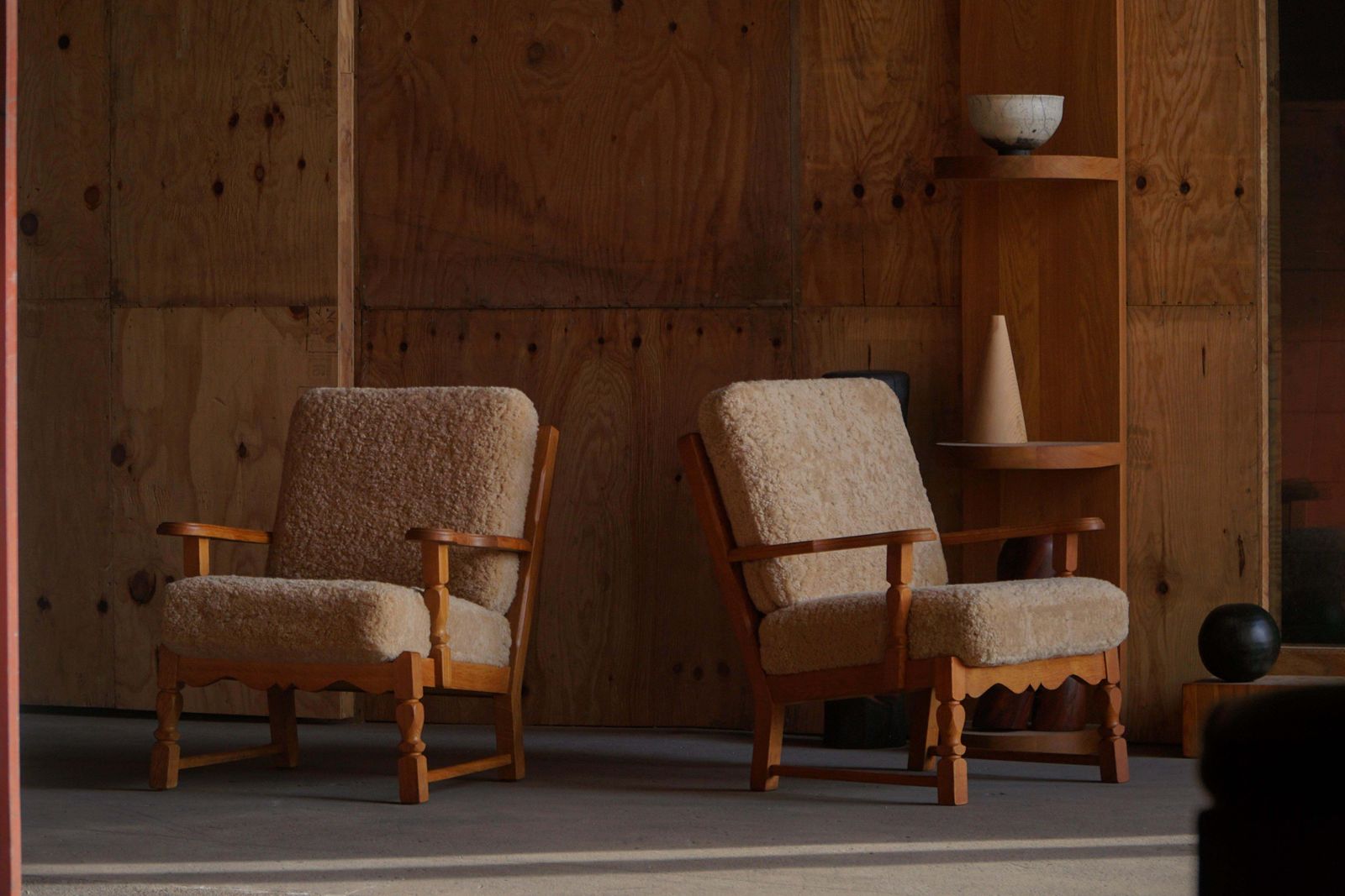 Danish Modern, Pair Of Lounge Chairs In Oak & Lambswool, Henning Kjærnulf, 1960s photo furniture