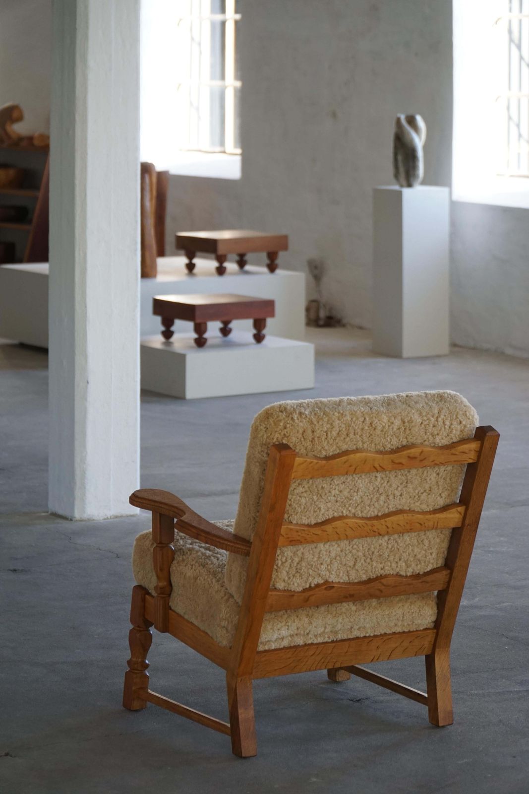 Danish Modern, Pair Of Lounge Chairs In Oak & Lambswool, Henning Kjærnulf, 1960s photo vintage