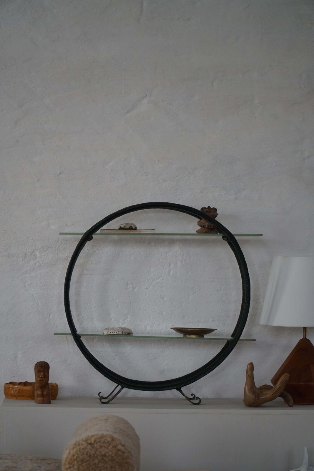Decorative Shelf Unit, Round Metal Frames With Curved Legs & Glass Shelves, 1960 photo 823.0