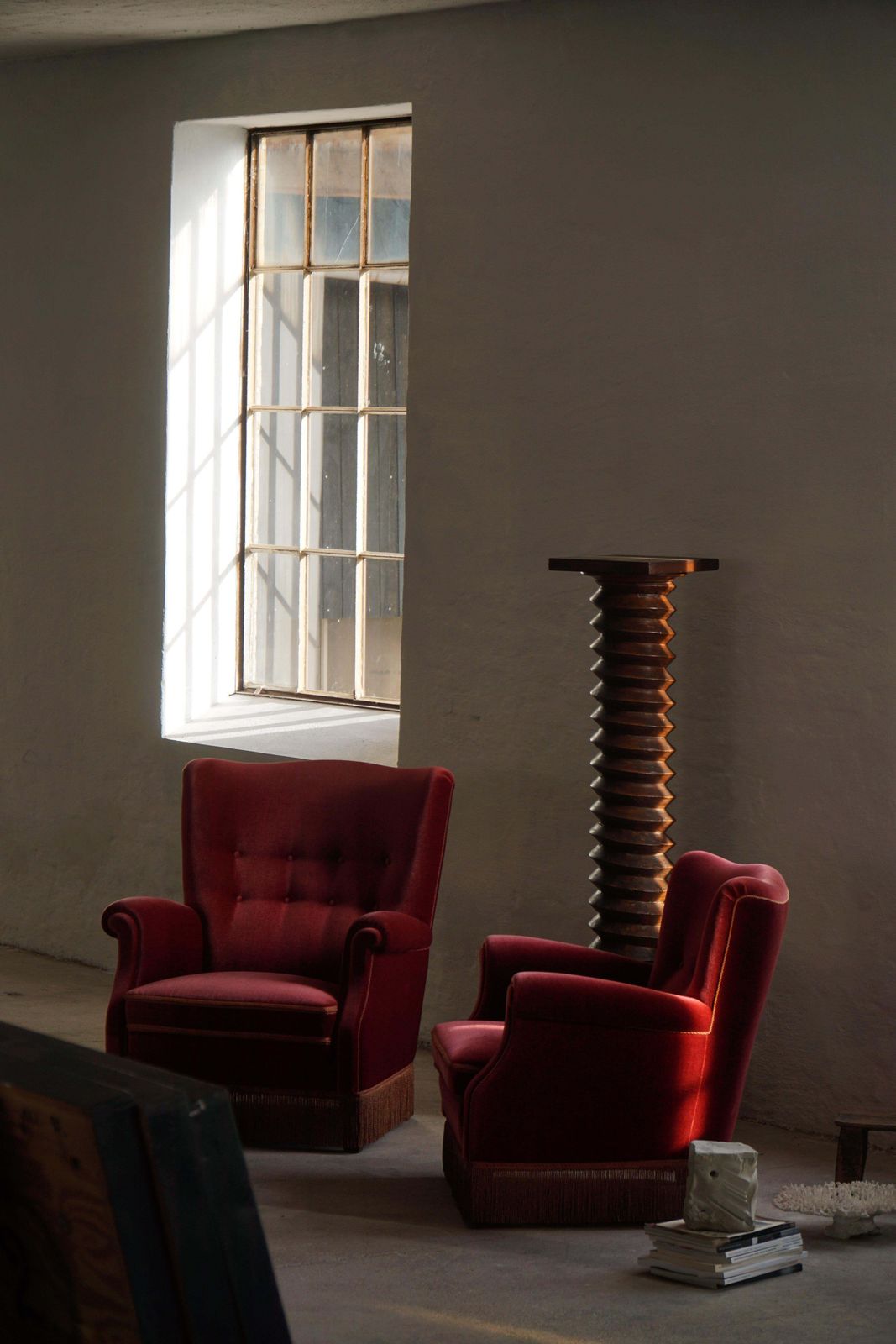 Pair Of Danish Modern Lounge Chairs, Cherry Red Velvet, 1950s photo furniture