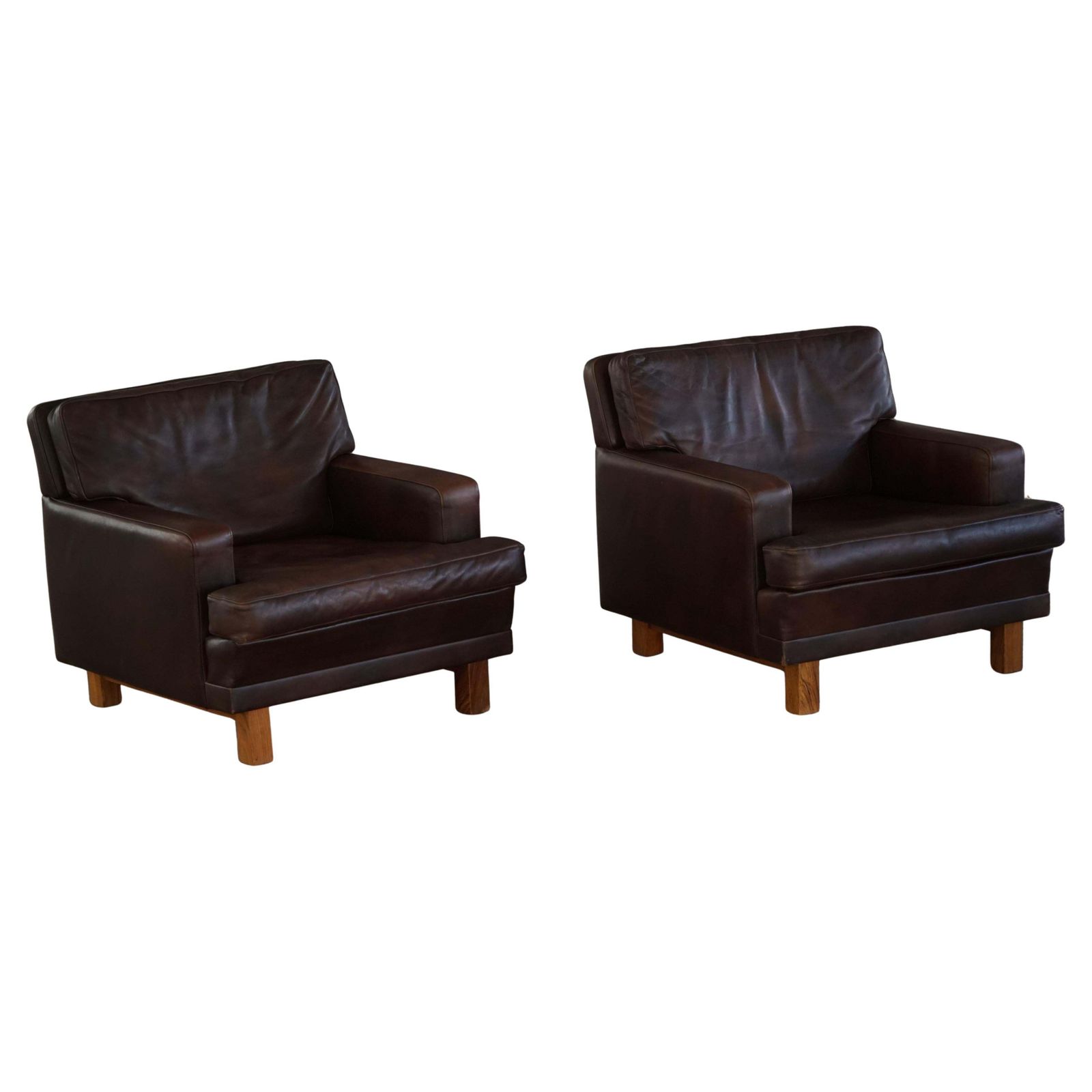 Pair Of Danish Modern Lounge Chairs In Dark Brown Leather & Rosewood, 1960s
