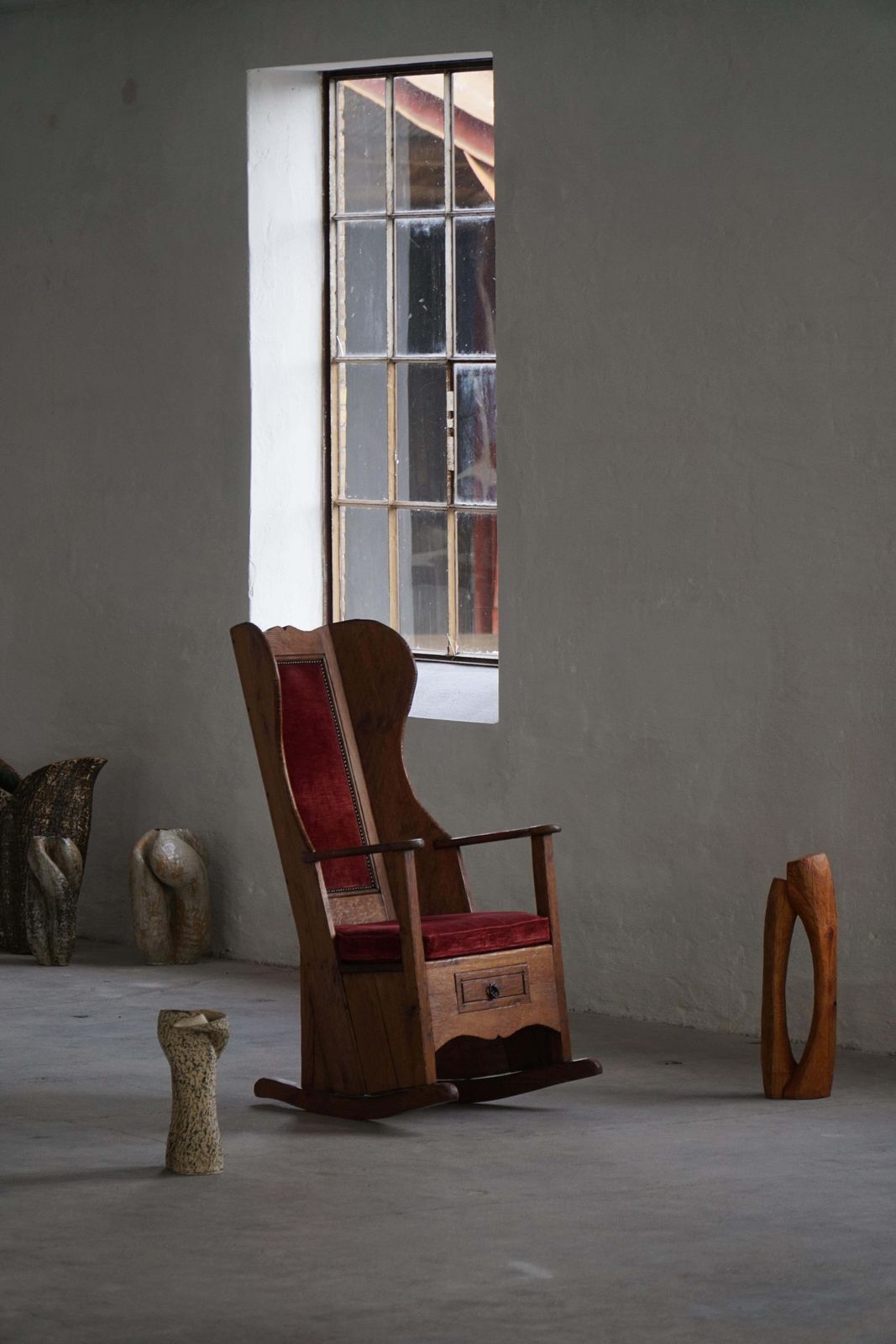 Antique English Lambing Rocking Chair With Red Velvet Upholstery, 19th Century photo furniture