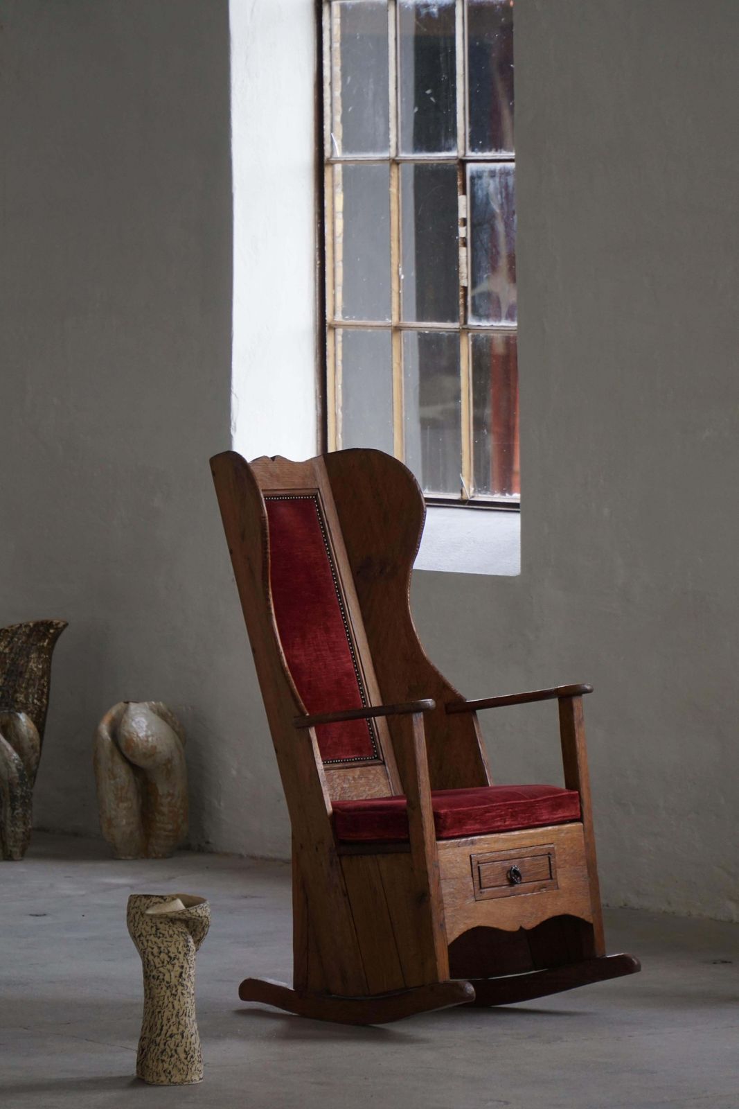 1737.0 Antique English Lambing Rocking Chair With Red Velvet Upholstery, 19th Century photo