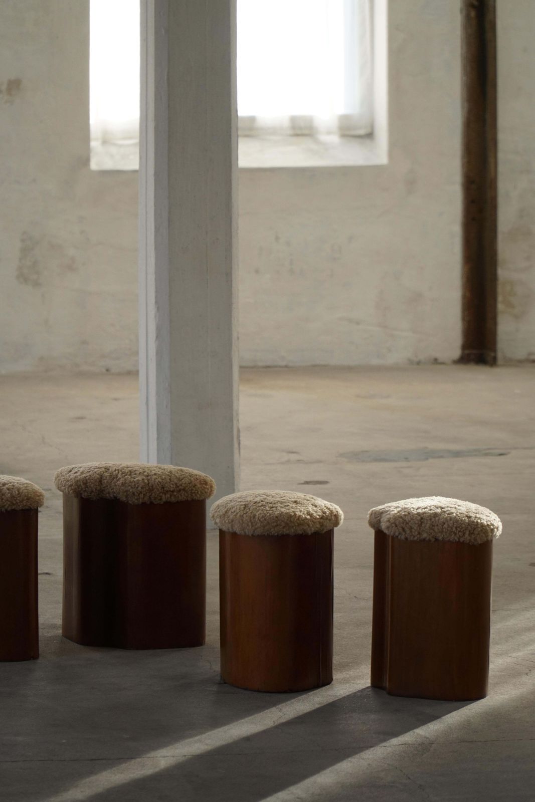 Set Of 4 Sculptural French Art Deco Stools In Wood & Lambswool, 1940s photo 2652.0