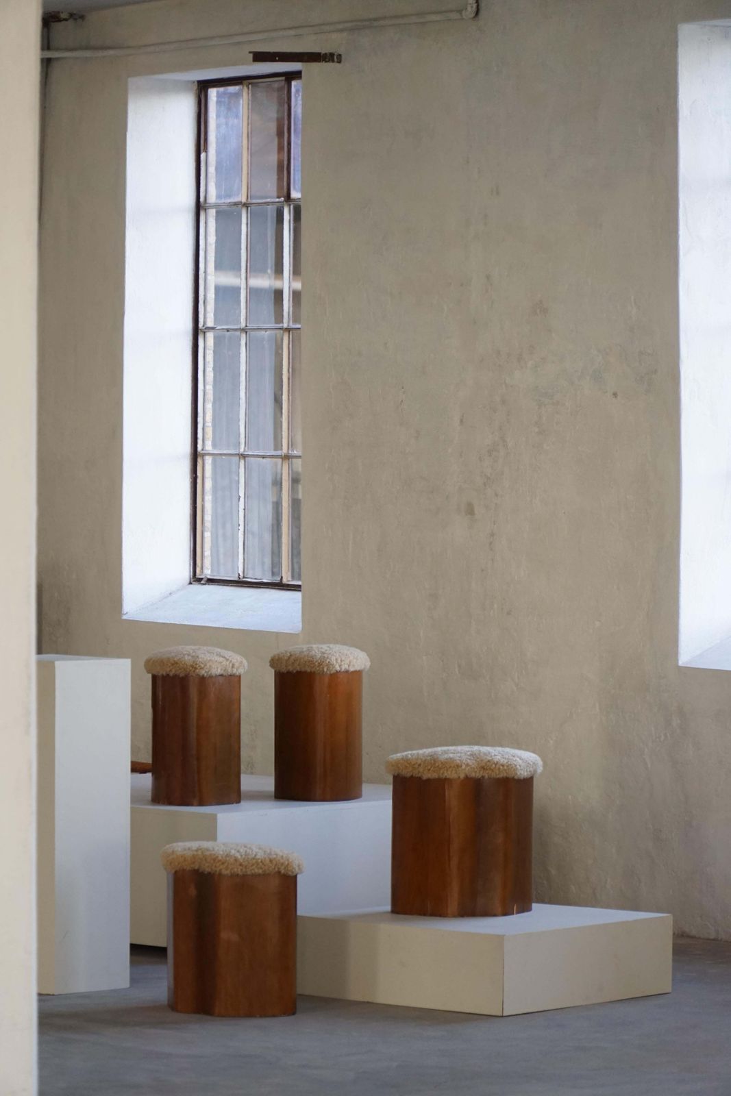 Set Of 4 Sculptural French Art Deco Stools In Wood & Lambswool, 1940s photo buy