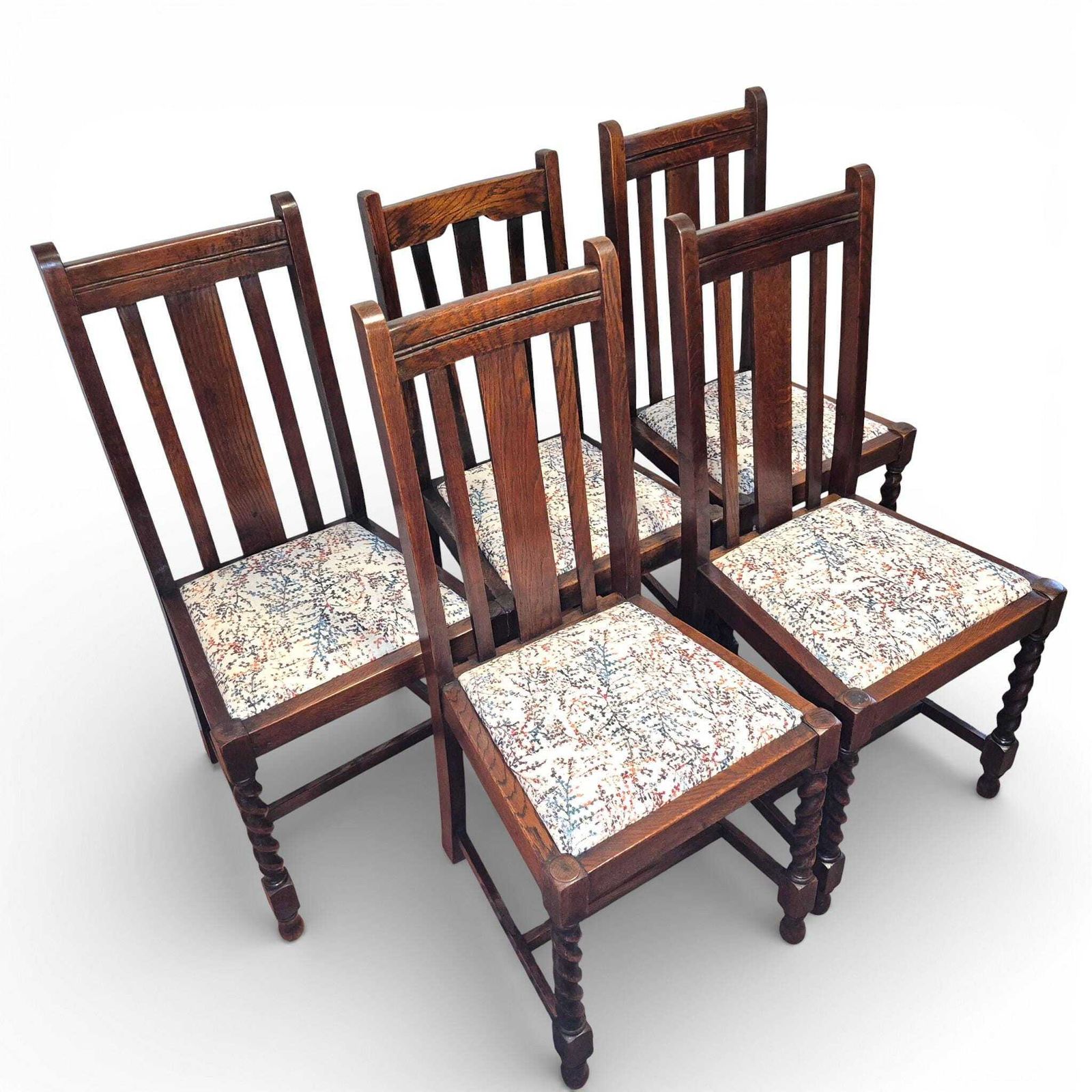 Set Of 5 Oak Barley Twist Dining Chairs | Vintage Oak Chairs | Upholstered Seats photo furniture