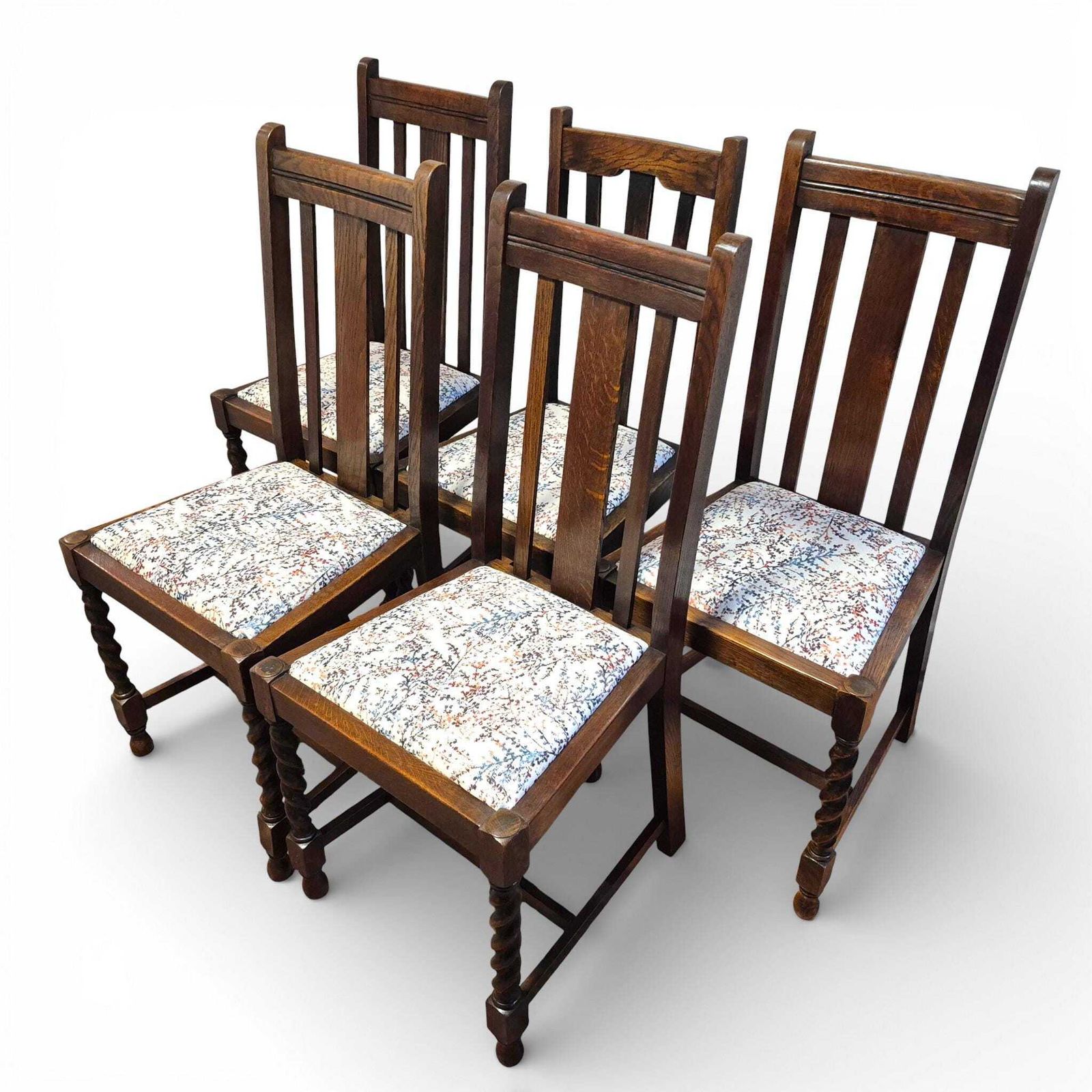 Set Of 5 Oak Barley Twist Dining Chairs | Vintage Oak Chairs | Upholstered Seats photo buy