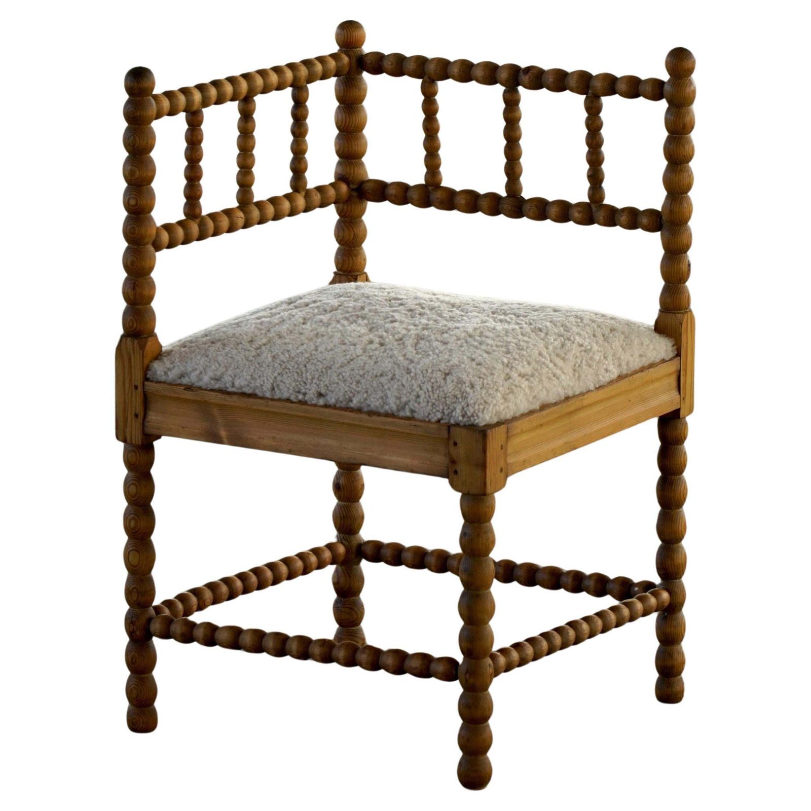 French Antique Hand Crafted Bobbin Corner Chair With Lambswool, Early 20th C