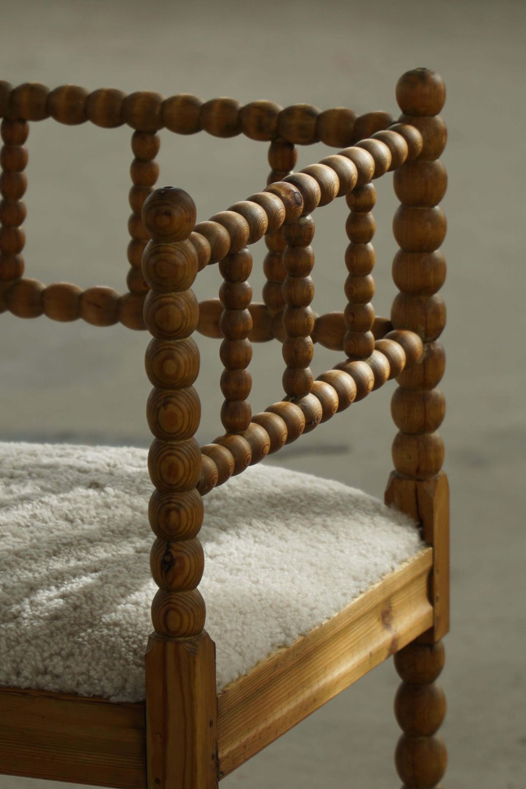 French Antique Hand Crafted Bobbin Corner Chair With Lambswool, Early 20th C photo for sale