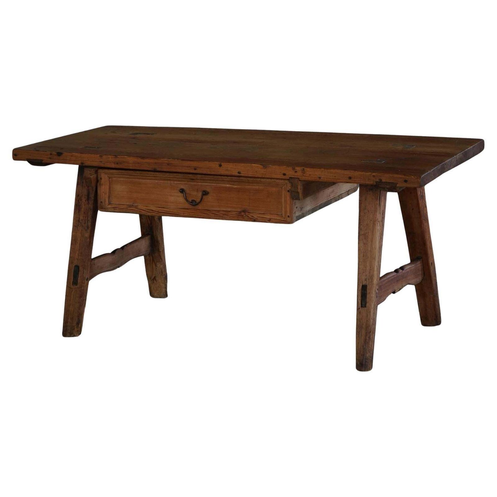 18th Century French Primitive Pine Dining Table / Desk With A Drawer