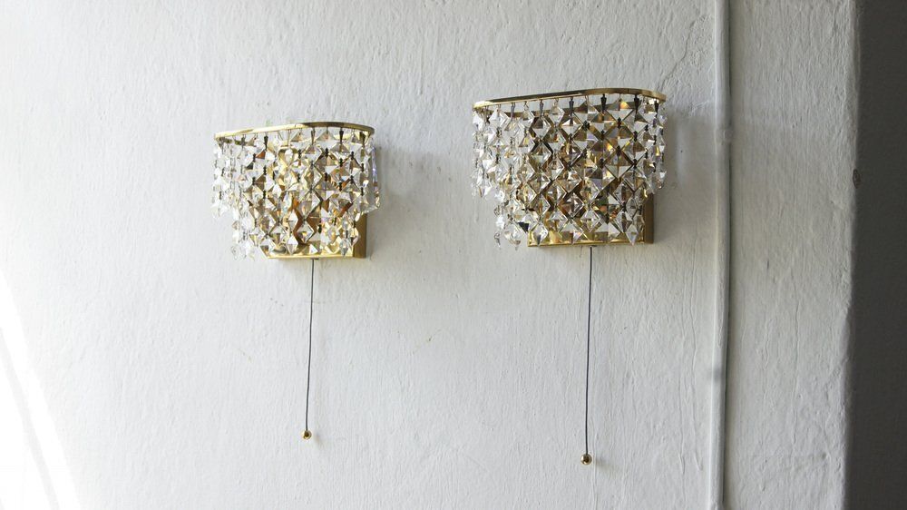 Hollywood Regency Brass And Crystal Glass Wall Lamps From Palwa, Set Of 2 photo 1648.0