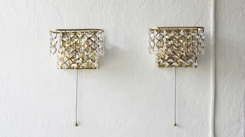 Hollywood Regency Brass And Crystal Glass Wall Lamps From Palwa, Set Of 2 photo vinterior