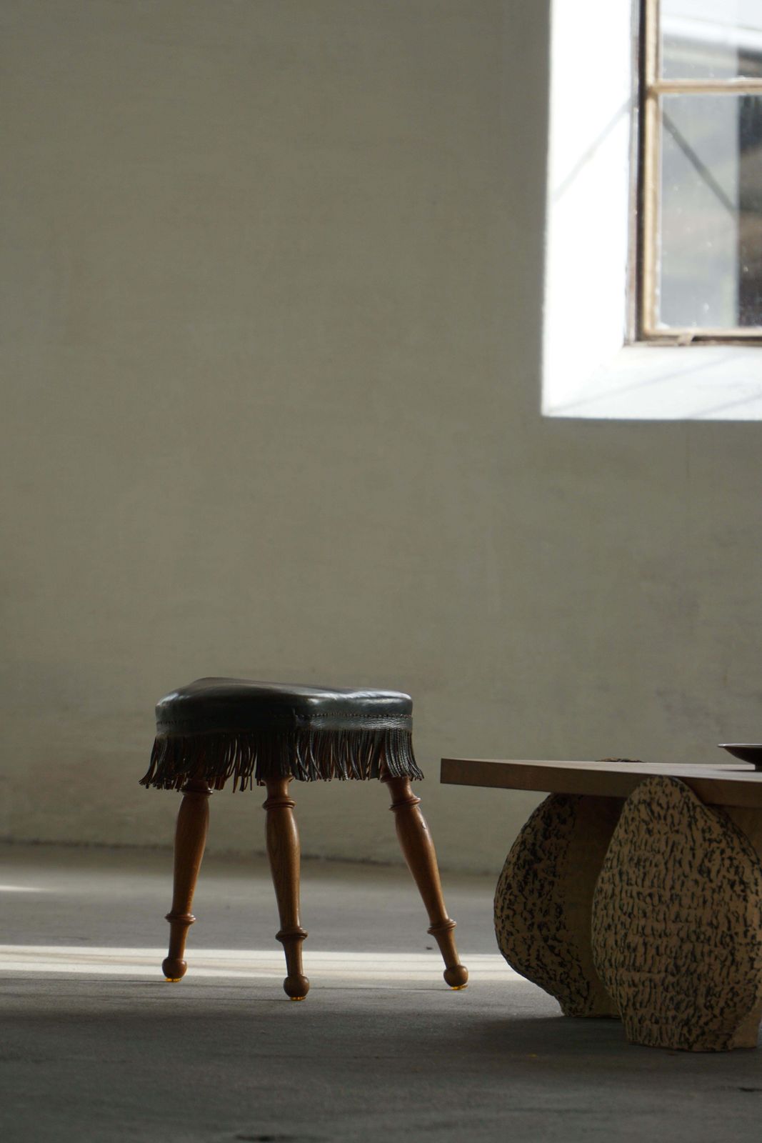 Early 20th Century, Danish Tripod Oak Stool With Leather Fringe, 1930s photo for sale