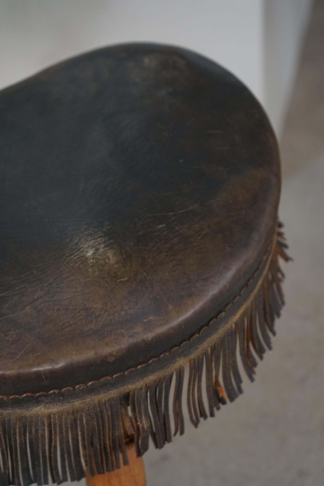 Early 20th Century, Danish Tripod Oak Stool With Leather Fringe, 1930s photo vinterior