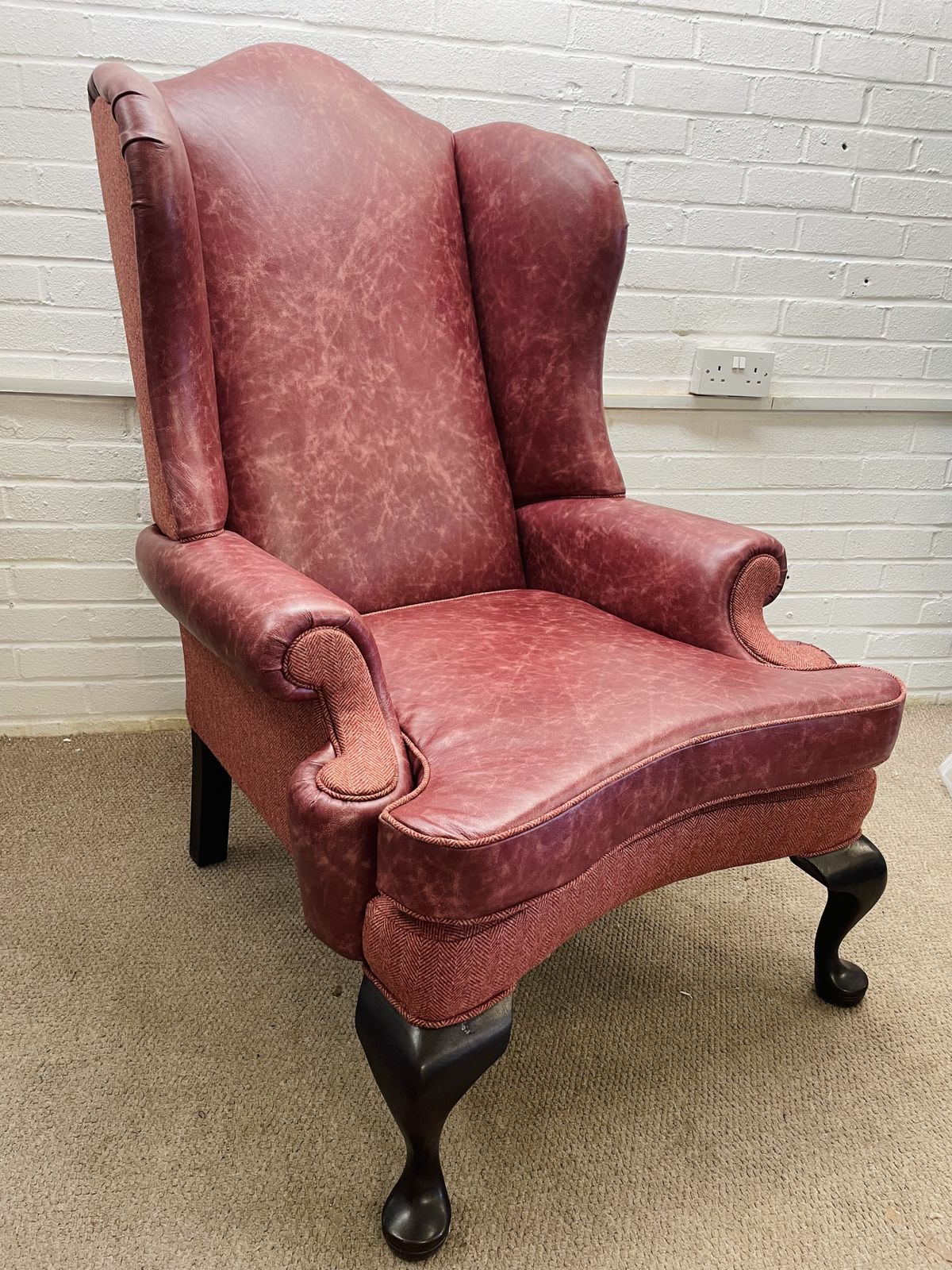 Vintage Duresta Wingback Chair Newly Reupholstered In Genuine Italian Leather And Abraham Moon Fabric photo vintage