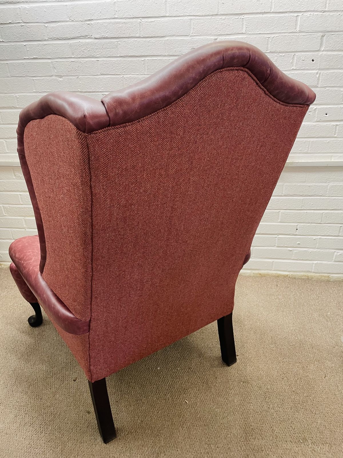 photo furniture Vintage Duresta Wingback Chair Newly Reupholstered In Genuine Italian Leather And Abraham Moon Fabric