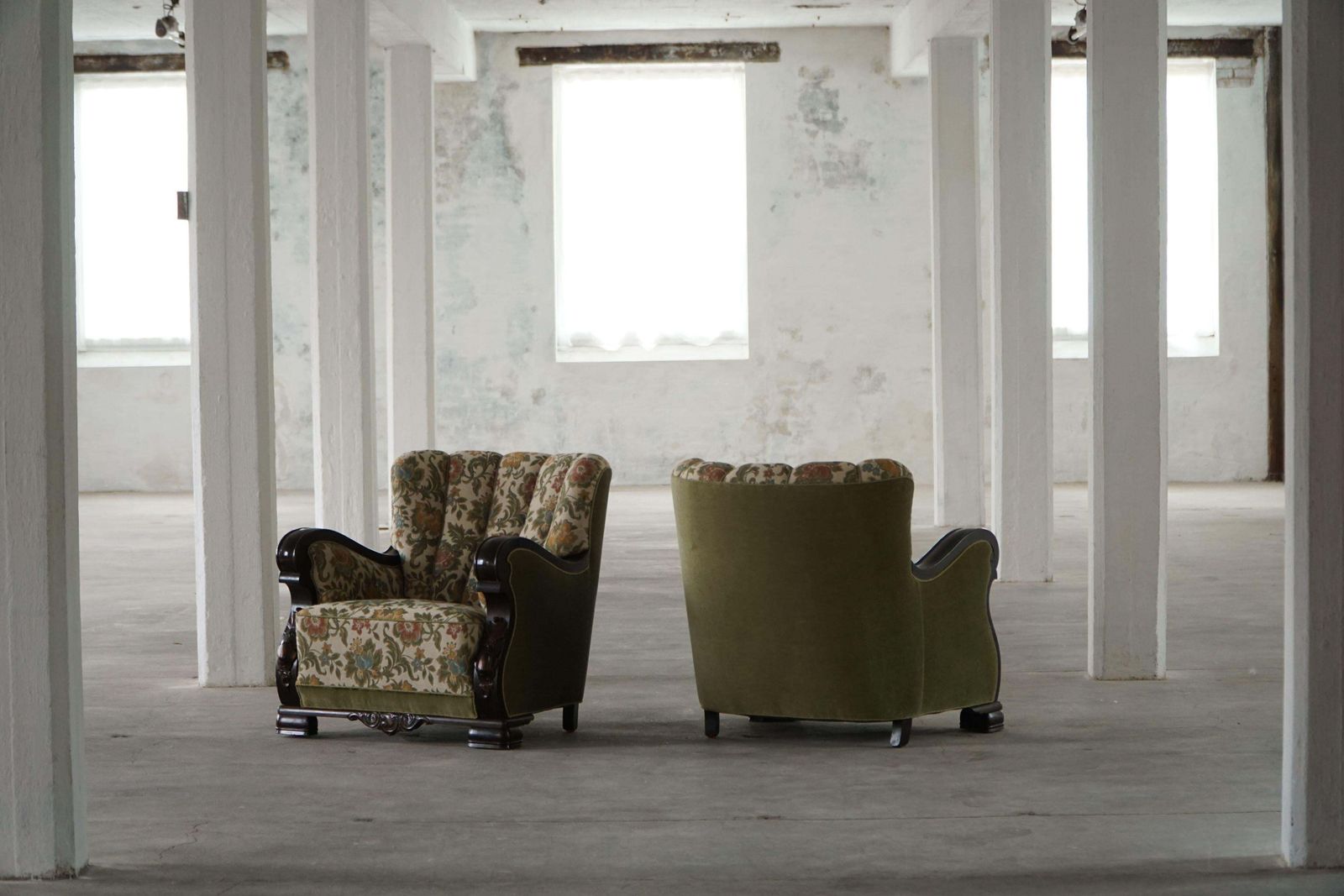 Pair Of Danish Art Nouveau Easy Chairs In Floral Embroidered Velour, 1920s photo Furniture