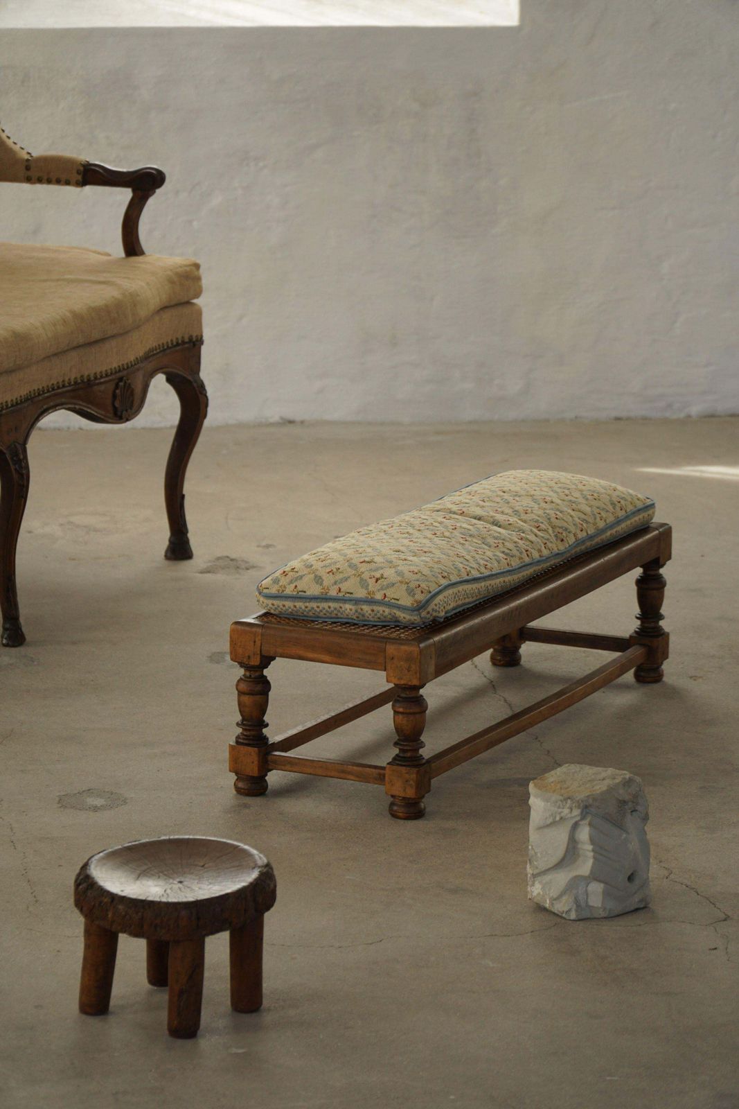 Danish Oak Footstool With Hand Embroidered Cushion & Cane Seat, Baroque, 1940s photo Furniture