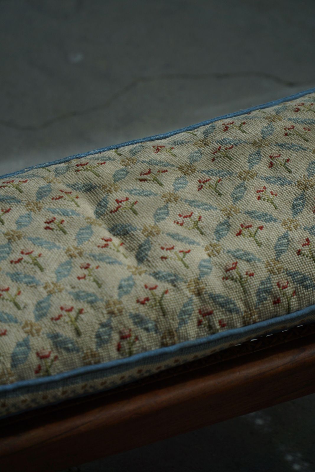 photo buy Danish Oak Footstool With Hand Embroidered Cushion & Cane Seat, Baroque, 1940s