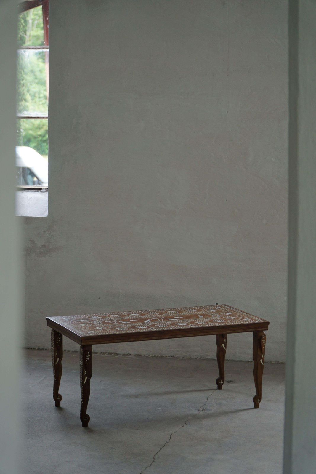 Vintage Indian Inlaid Teak Coffee Table With Elephant Motifs, Mid 20th Century photo furniture