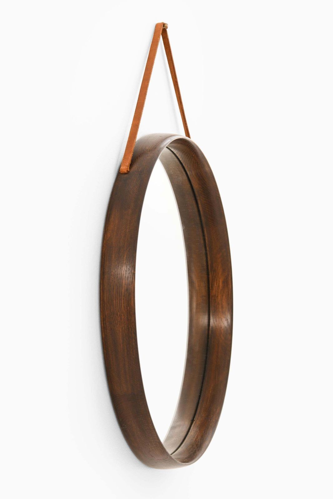 Round Mirror With Dark Stained Oak Frame By Uno & östen Kristiansson, 1950s photo for sale