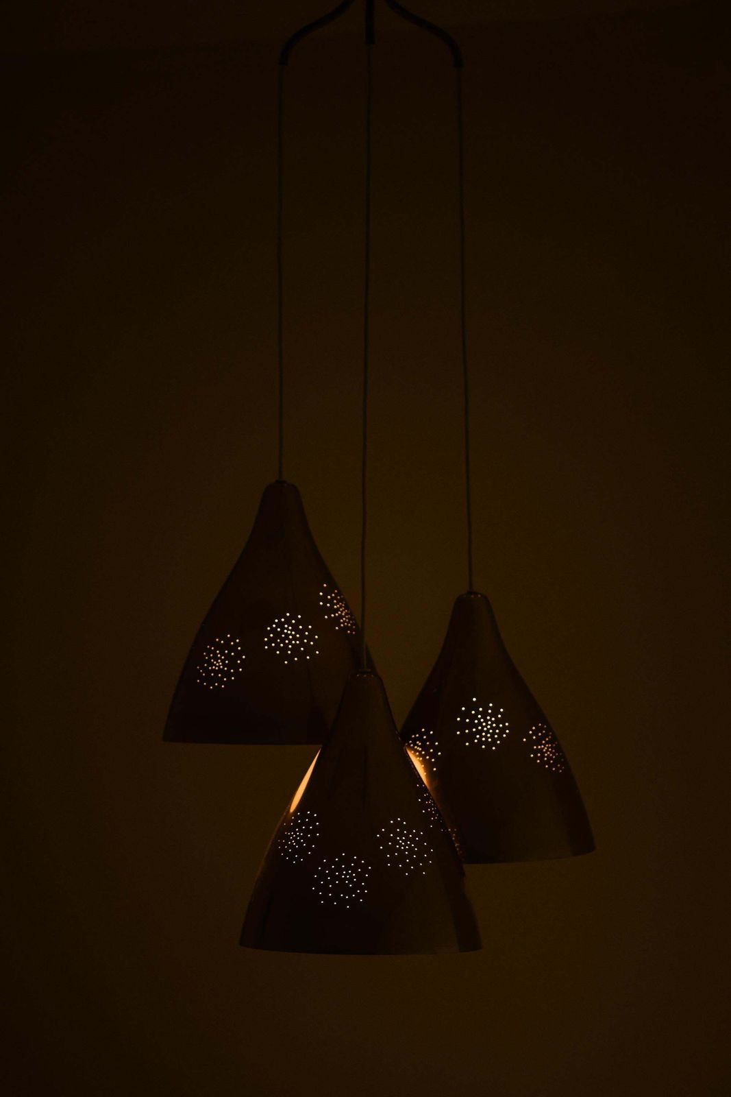 Ceiling Lamp With Three Conical Brass Shades By Lisa Johansson Pape, 1950s photo for sale