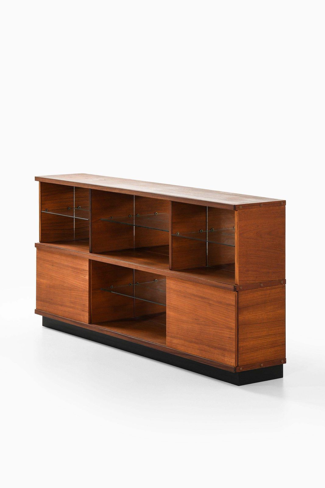 Sideboard In Teak, Black Lacquered, Mirrored Glass And Glass, 1957 1958 photo for sale