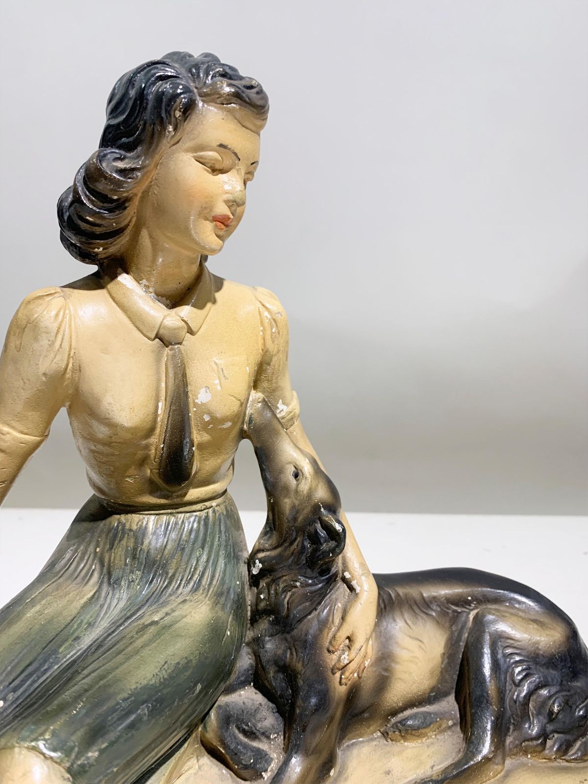 Art Deco Sculpture Of A Lady With Borzoi By S. Boni, France, Circa 1930s photo vintage