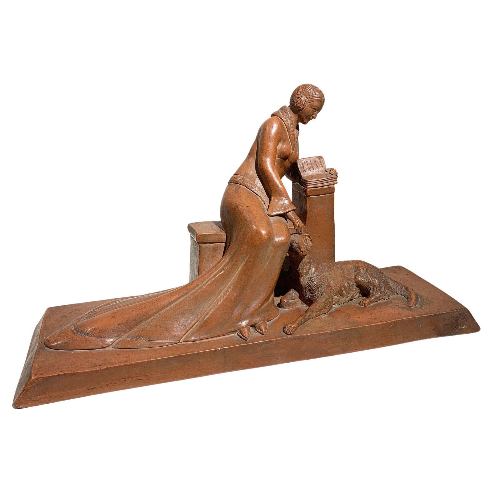 Art Deco Terracotta Sculpture Of A Seated Woman With Dog Signed"Eribe"Circa 1930