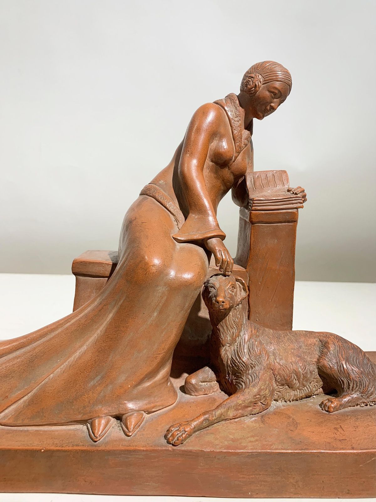 Art Art Deco Terracotta Sculpture Of A Seated Woman With Dog Signed"Eribe"Circa 1930 photo