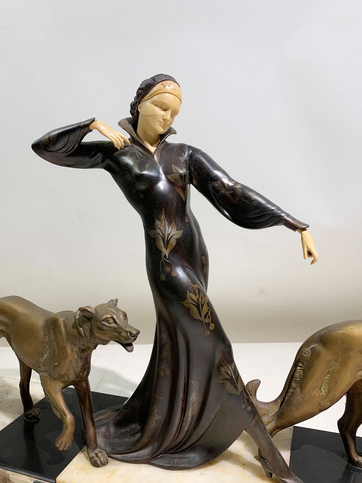 Art Deco Sculpture Of Woman Walking Borzois Attributed To Georges Gori photo furniture