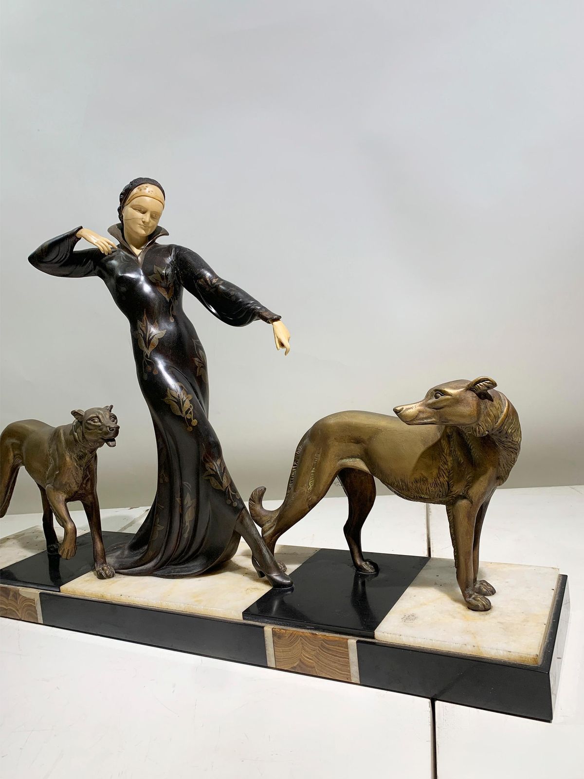 Art Deco Sculpture Of Woman Walking Borzois Attributed To Georges Gori photo for sale
