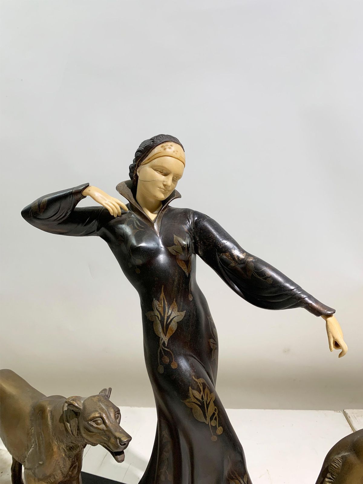 Art Deco Sculpture Of Woman Walking Borzois Attributed To Georges Gori photo Art