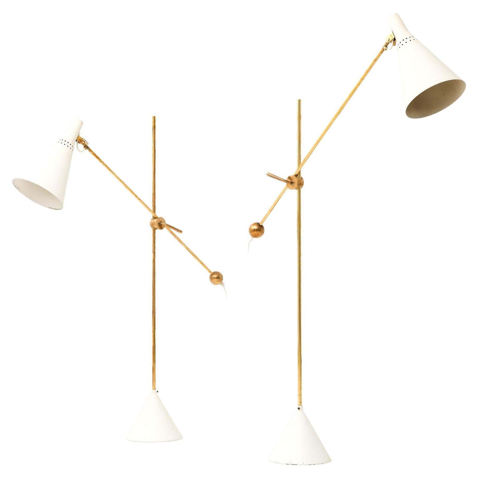 Pair Of Floor Lamps In White Lacquered Metal And Brass By Tapio Wirkkala, 1950's