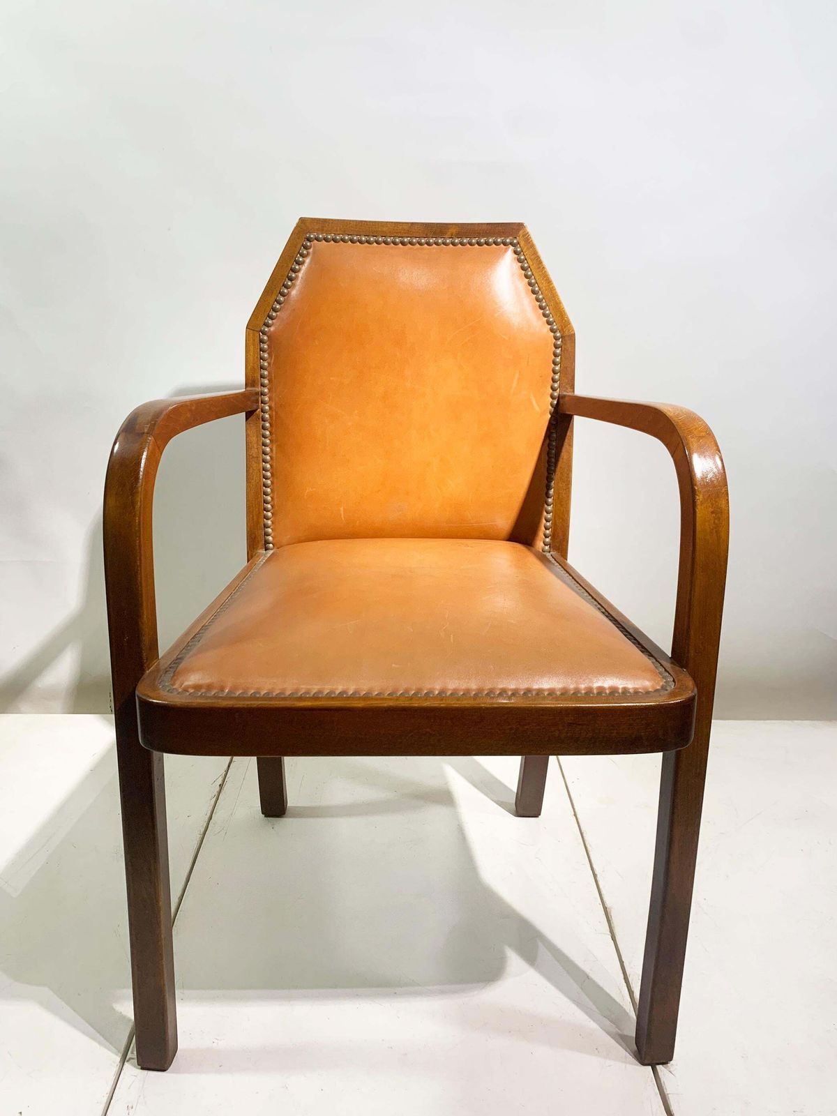 Furniture Pair Of Art Deco Bridge/ Armchairs, In Leather,  France, Circa 1930's photo