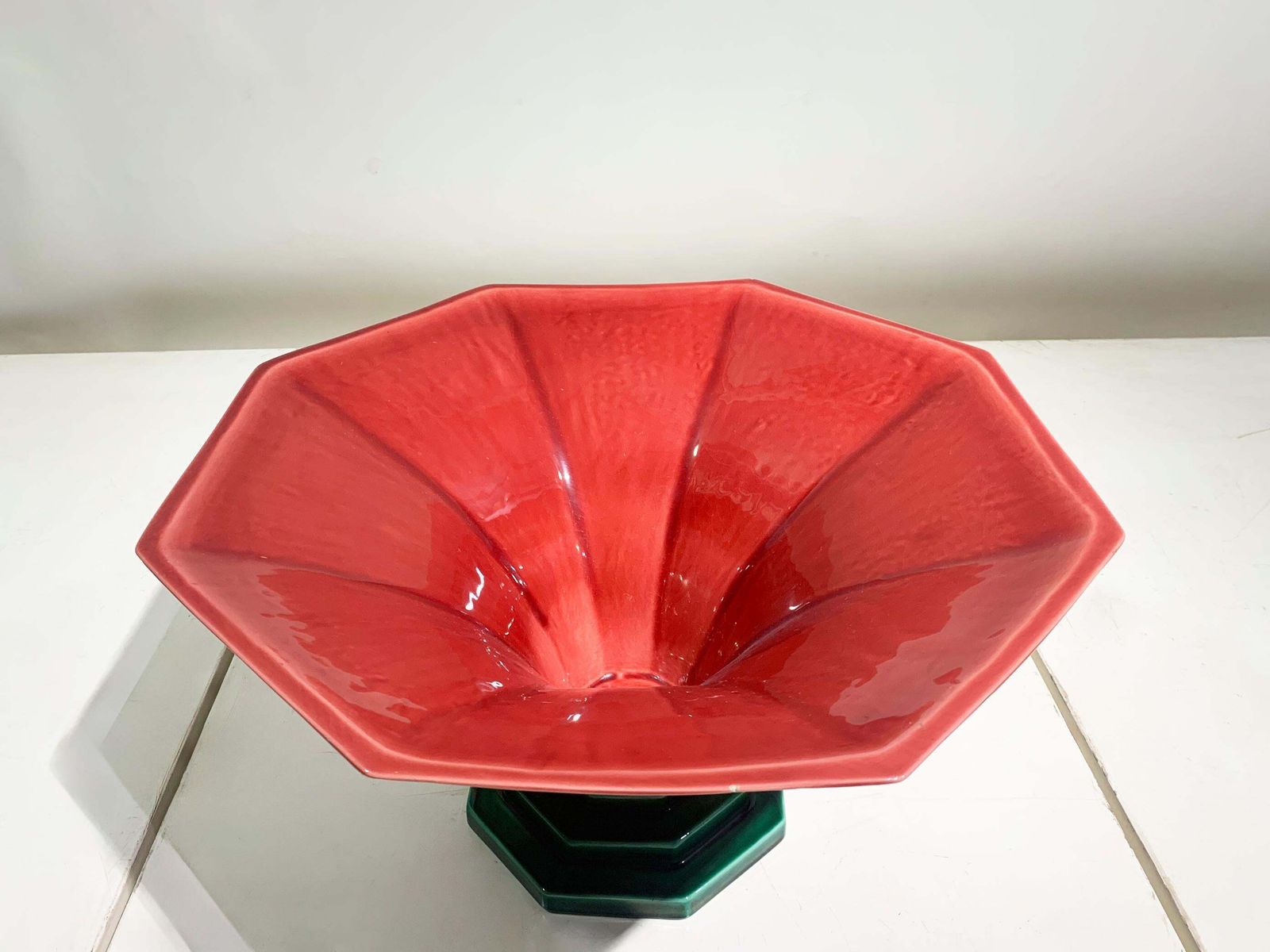 François Chatain Ceramic Bowl In Red And Green, Art Deco Style, France, 1980's photo for sale