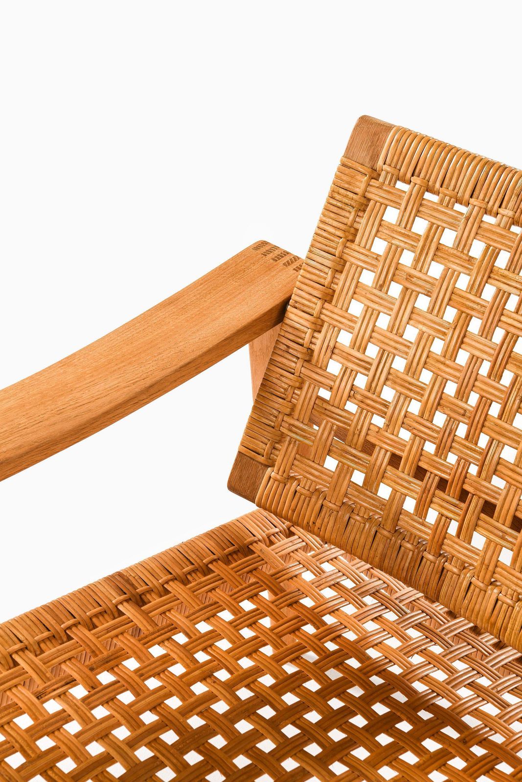 Furniture Pair Of Easy Chairs In Oak, Woven Cane, Brass And Leather By Hans Wegner, 1959 photo
