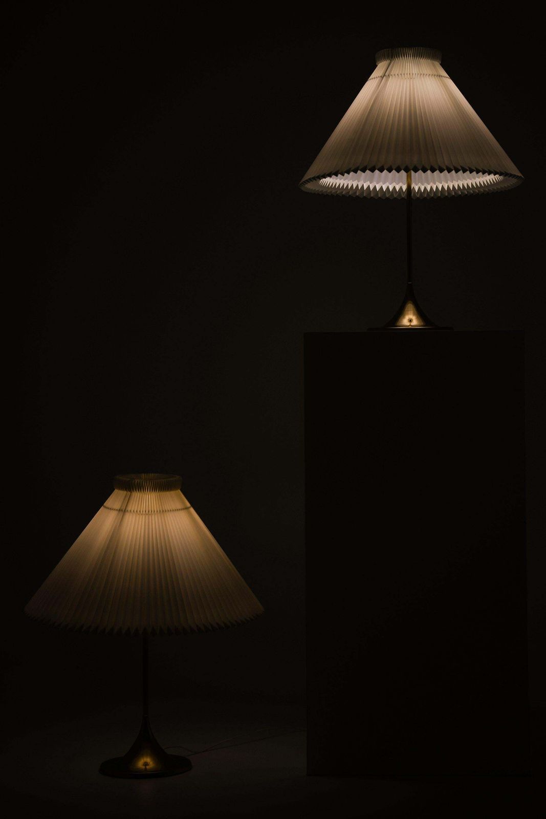 Table Lamps In Brass And Original Le Klint Lamp Shades, 1950's photo for sale