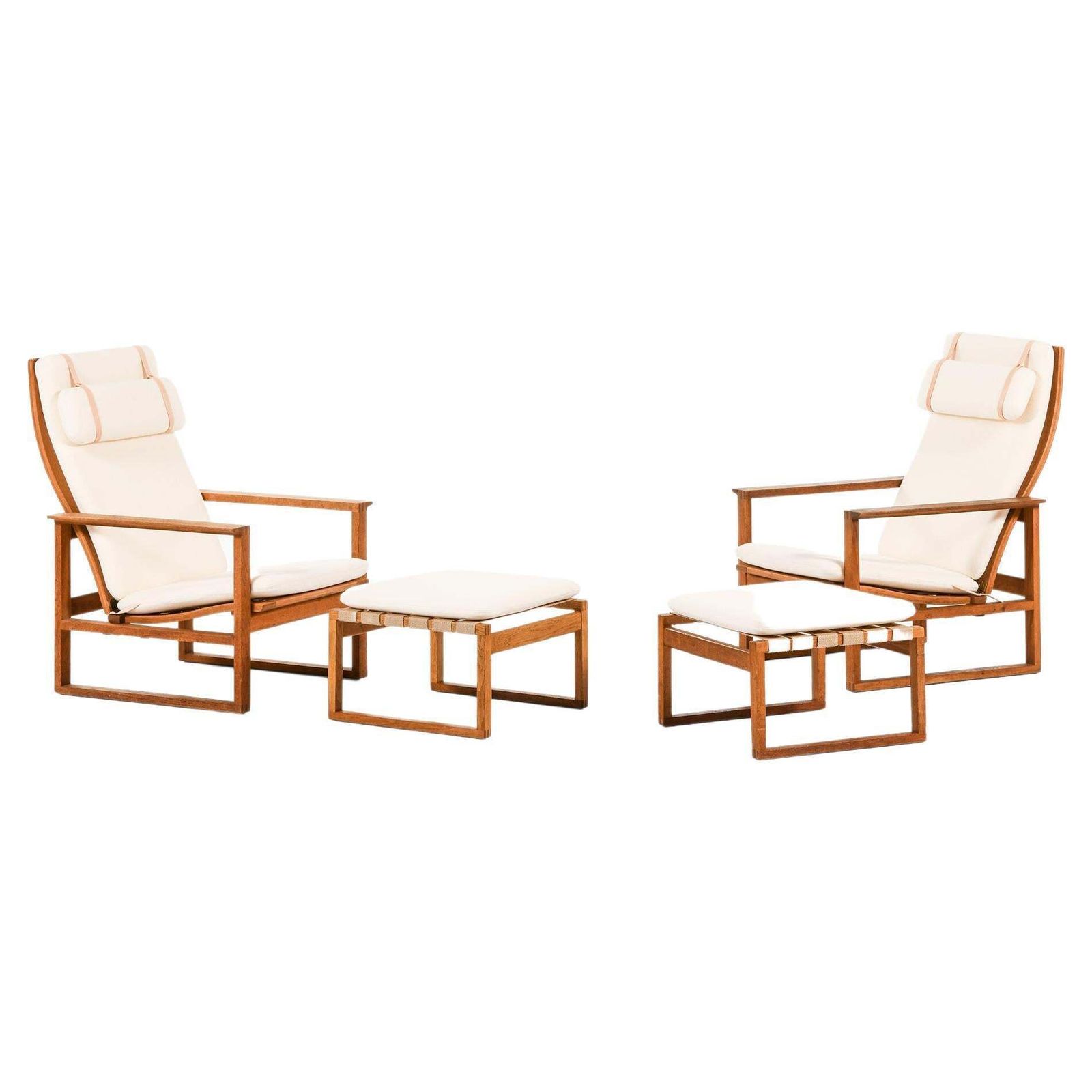 Pair Of Easy Chairs With Stools In Oak And Brass By Børge Mogensen, 1950's