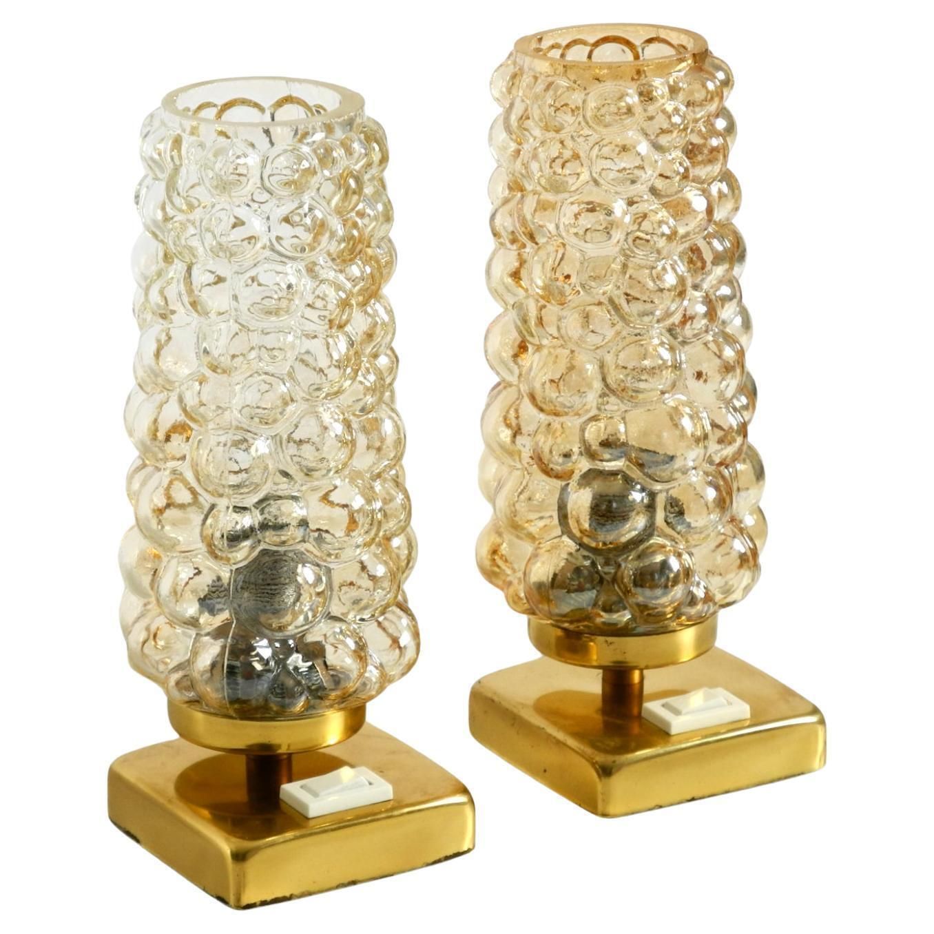 Two Rare 1960s Brass Bedside Lamps With Gold Bubble Glass Shades