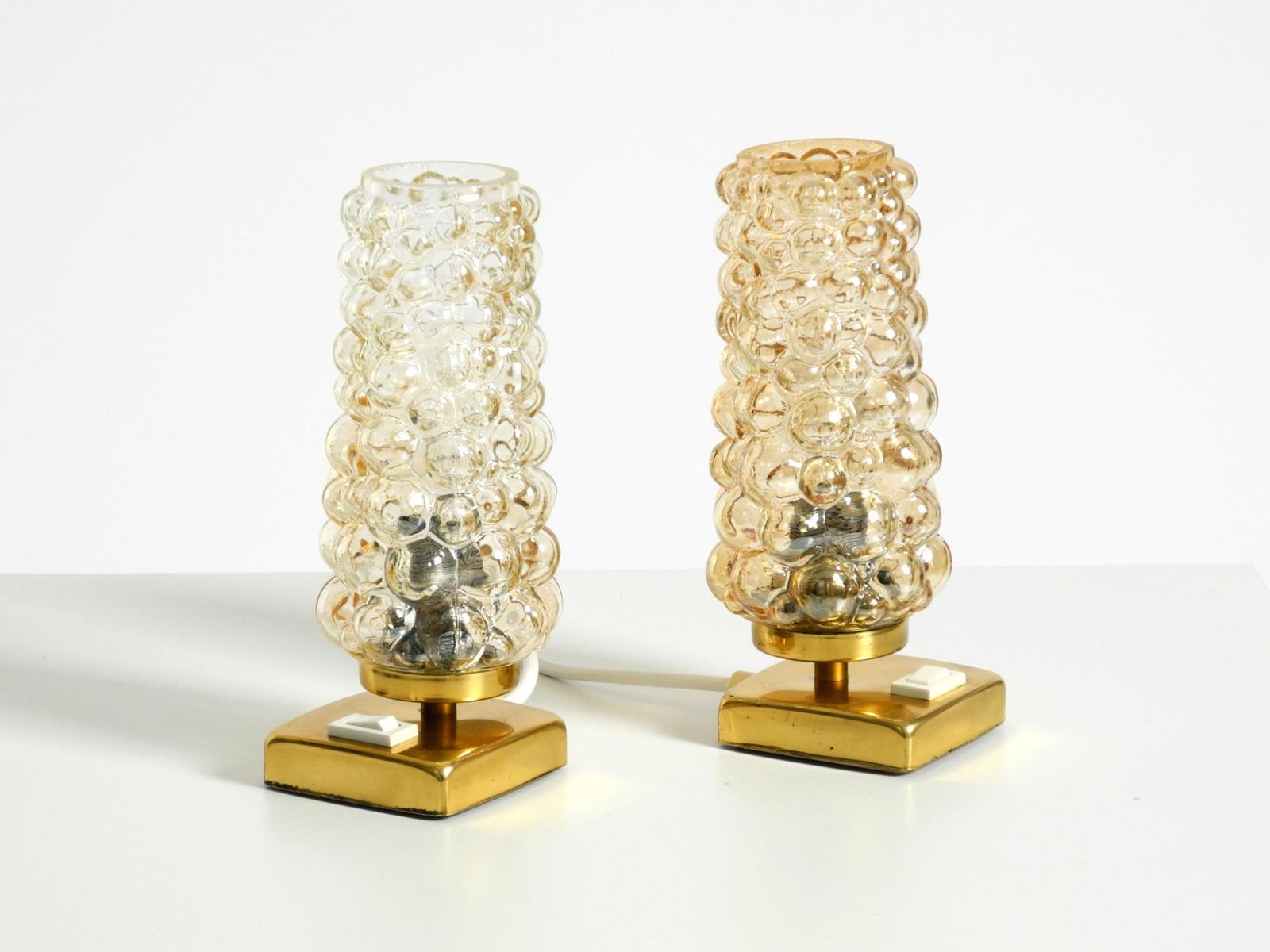 Two Rare 1960s Brass Bedside Lamps With Gold Bubble Glass Shades photo Lighting