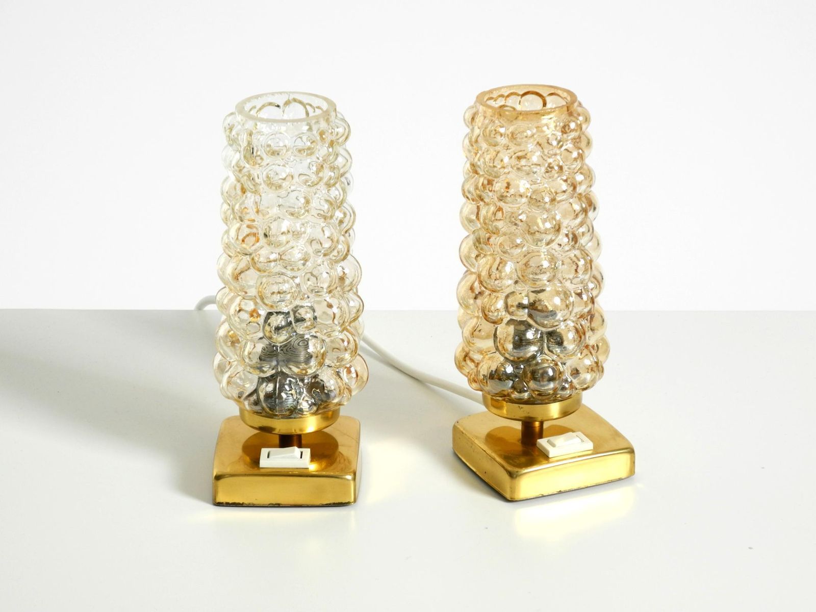 Two Rare 1960s Brass Bedside Lamps With Gold Bubble Glass Shades photo vinterior
