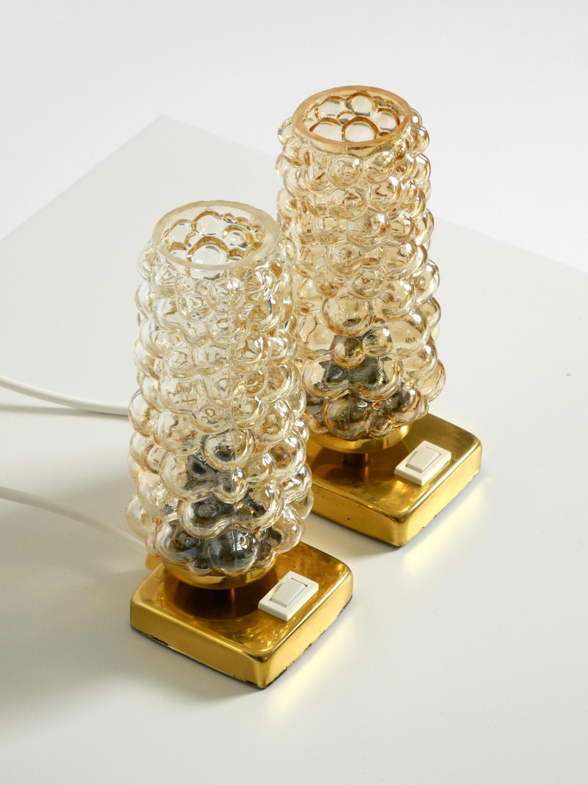 Lighting Two Rare 1960s Brass Bedside Lamps With Gold Bubble Glass Shades photo