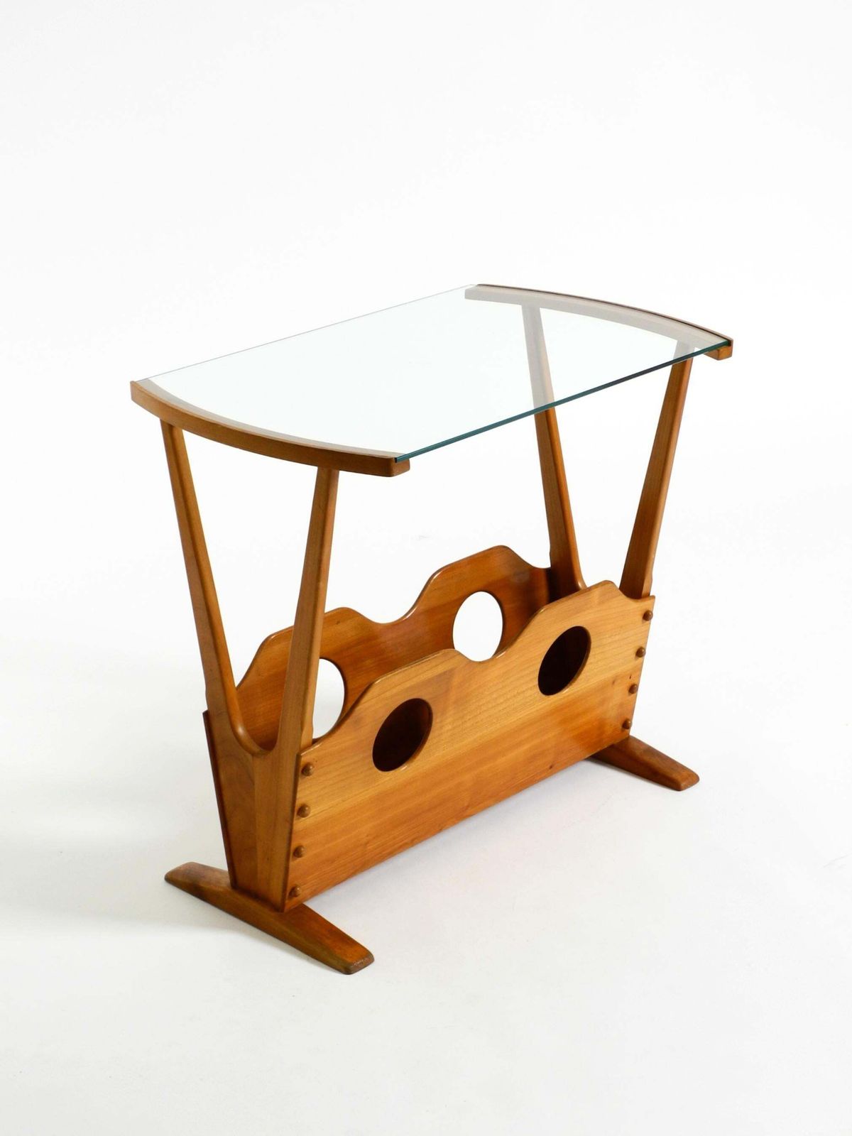 Mid Century Modern Side Table With Magazine Rack, Made Of Ash Wood And Glass photo vintage