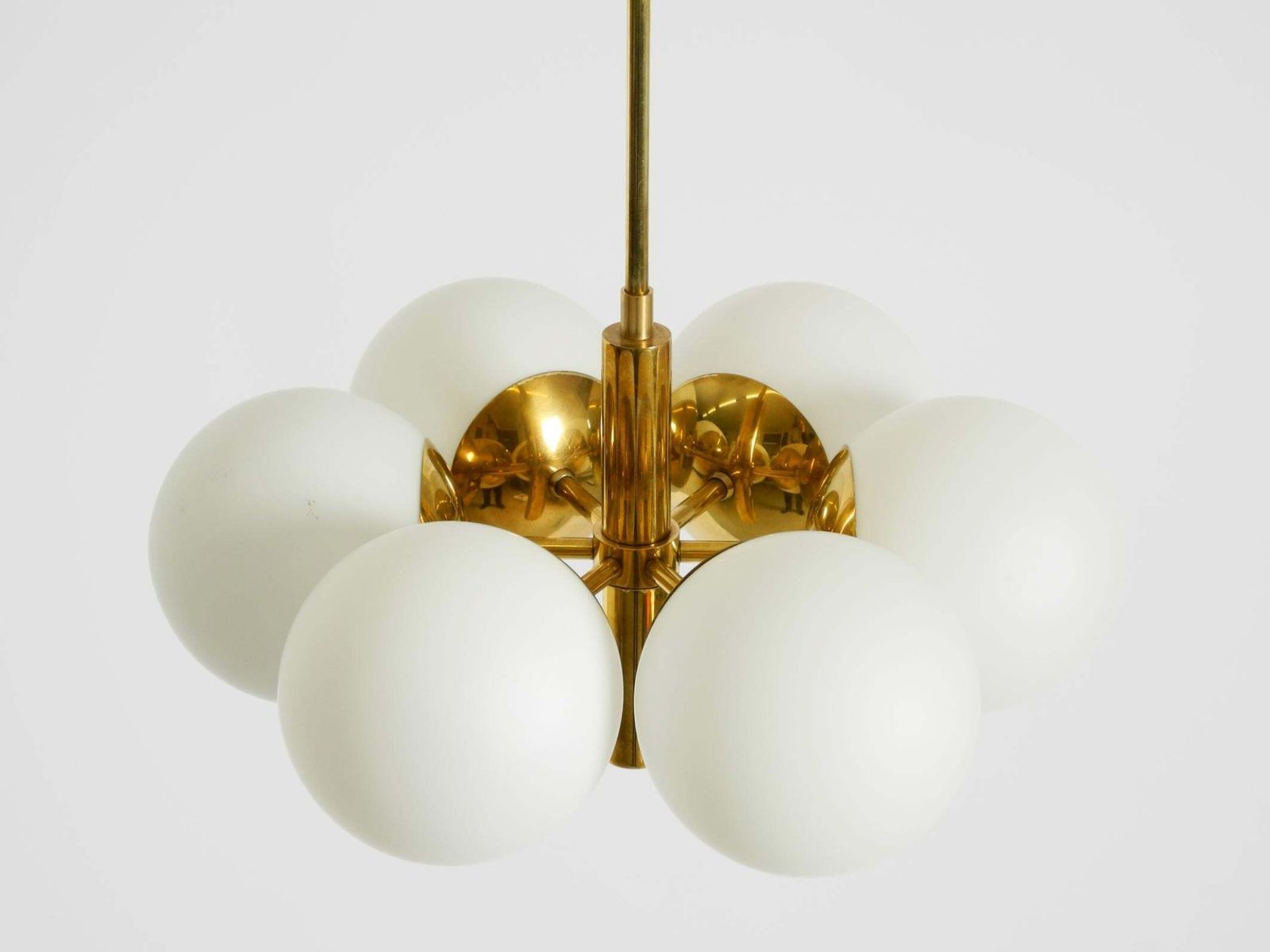 Beautiful 1960s Kaiser Leuchten Brass Ceiling Lamp With 6 Opal Glass Shades photo for sale