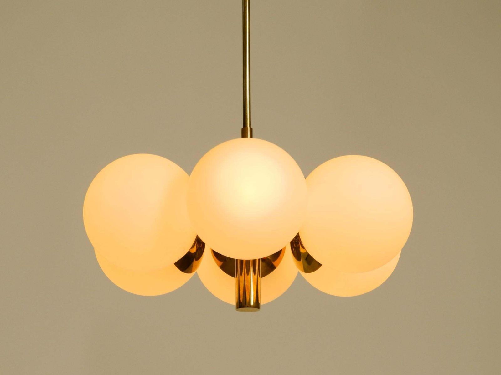 Beautiful 1960s Kaiser Leuchten Brass Ceiling Lamp With 6 Opal Glass Shades photo vinterior
