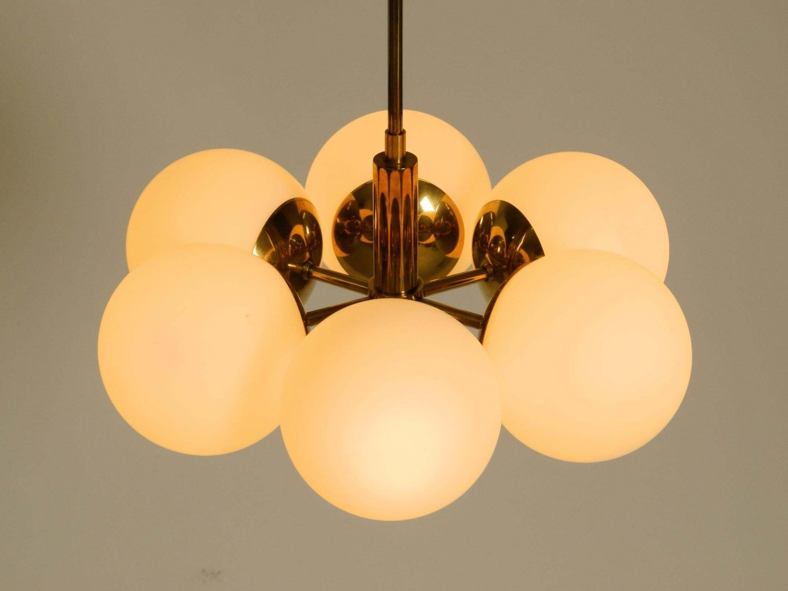 Beautiful 1960s Kaiser Leuchten Brass Ceiling Lamp With 6 Opal Glass Shades photo buy