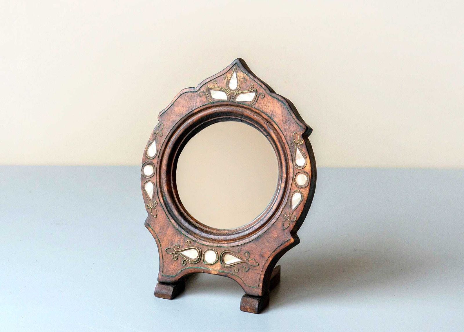 Antique Wooden Tabletop Mirror With Pearl Inlay, Art Nouveau / Jugendstil, C.1900