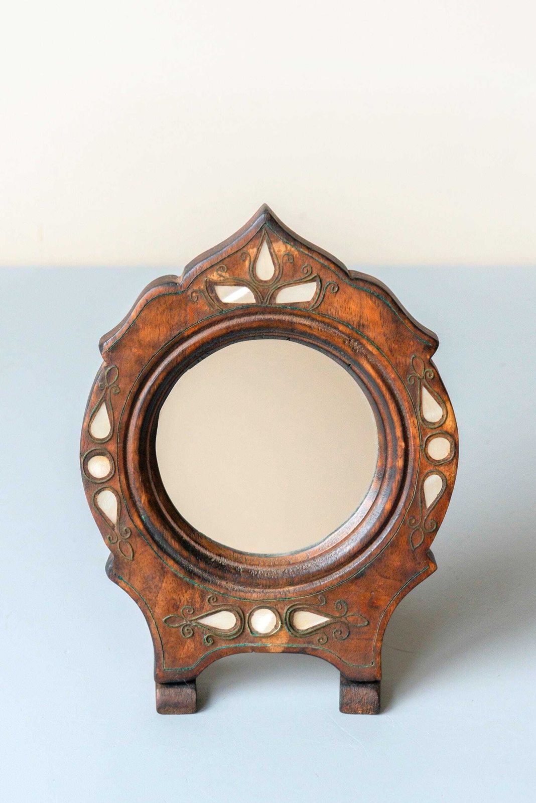 Antique Wooden Tabletop Mirror With Pearl Inlay, Art Nouveau / Jugendstil, C.1900 photo vintage